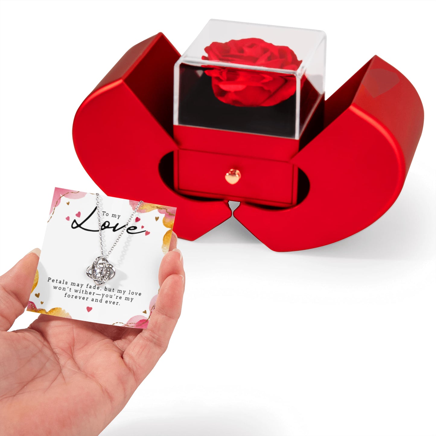 Love Knot Necklace with Red Heart Rose Box – Romantic Gift for Wife on Anniversary, Birthday, or Valentine's Day