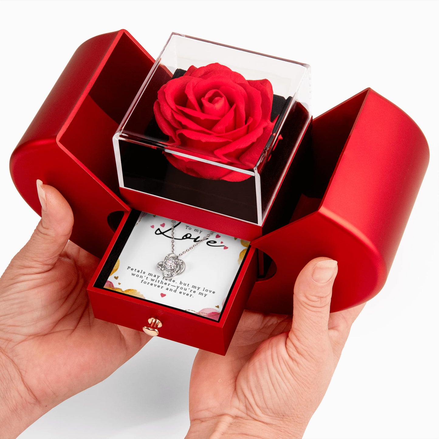 Love Knot Necklace with Red Heart Rose Box – Romantic Gift for Wife on Anniversary, Birthday, or Valentine's Day