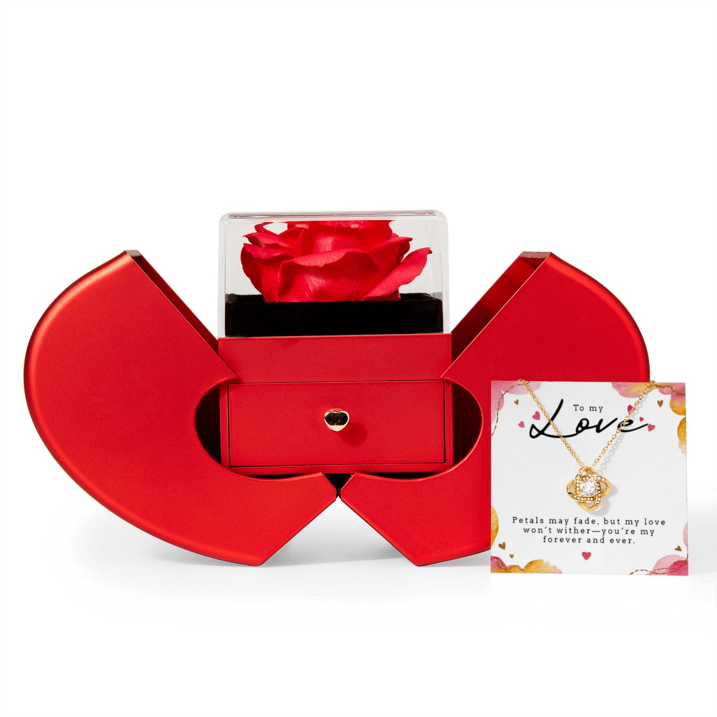 Love Knot Necklace with Red Heart Rose Box – Romantic Gift for Wife on Anniversary, Birthday, or Valentine's Day