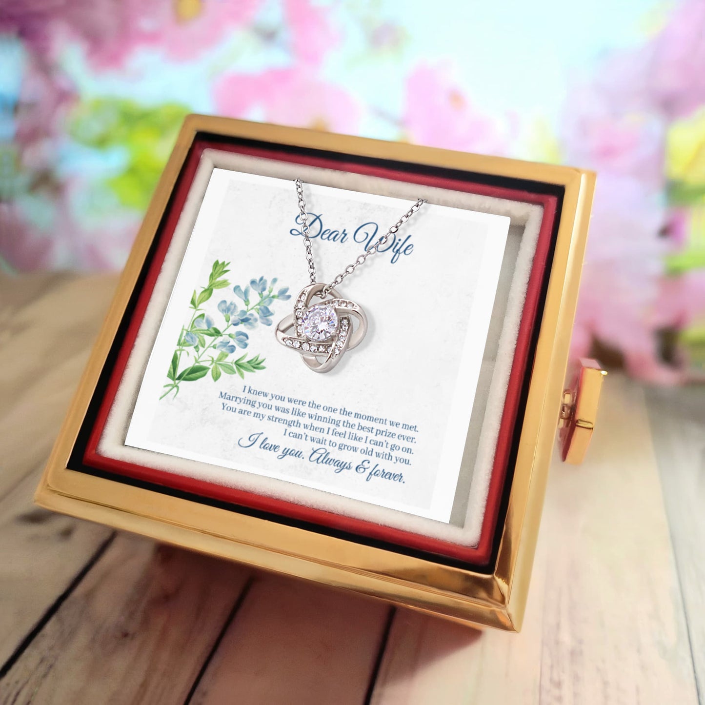 Love Knot Necklace for Wife with Rotating Unique Rose Gift Box
