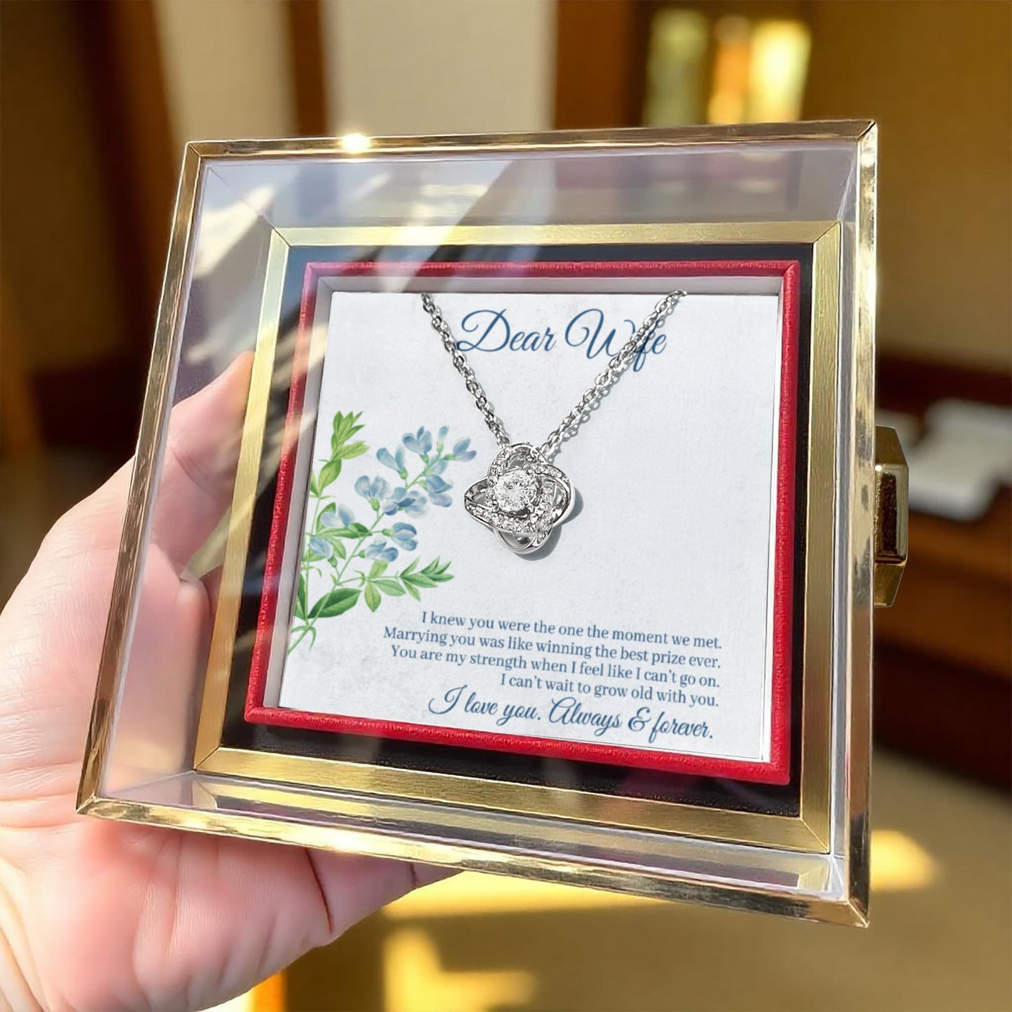 Love Knot Necklace for Wife with Rotating Unique Rose Gift Box