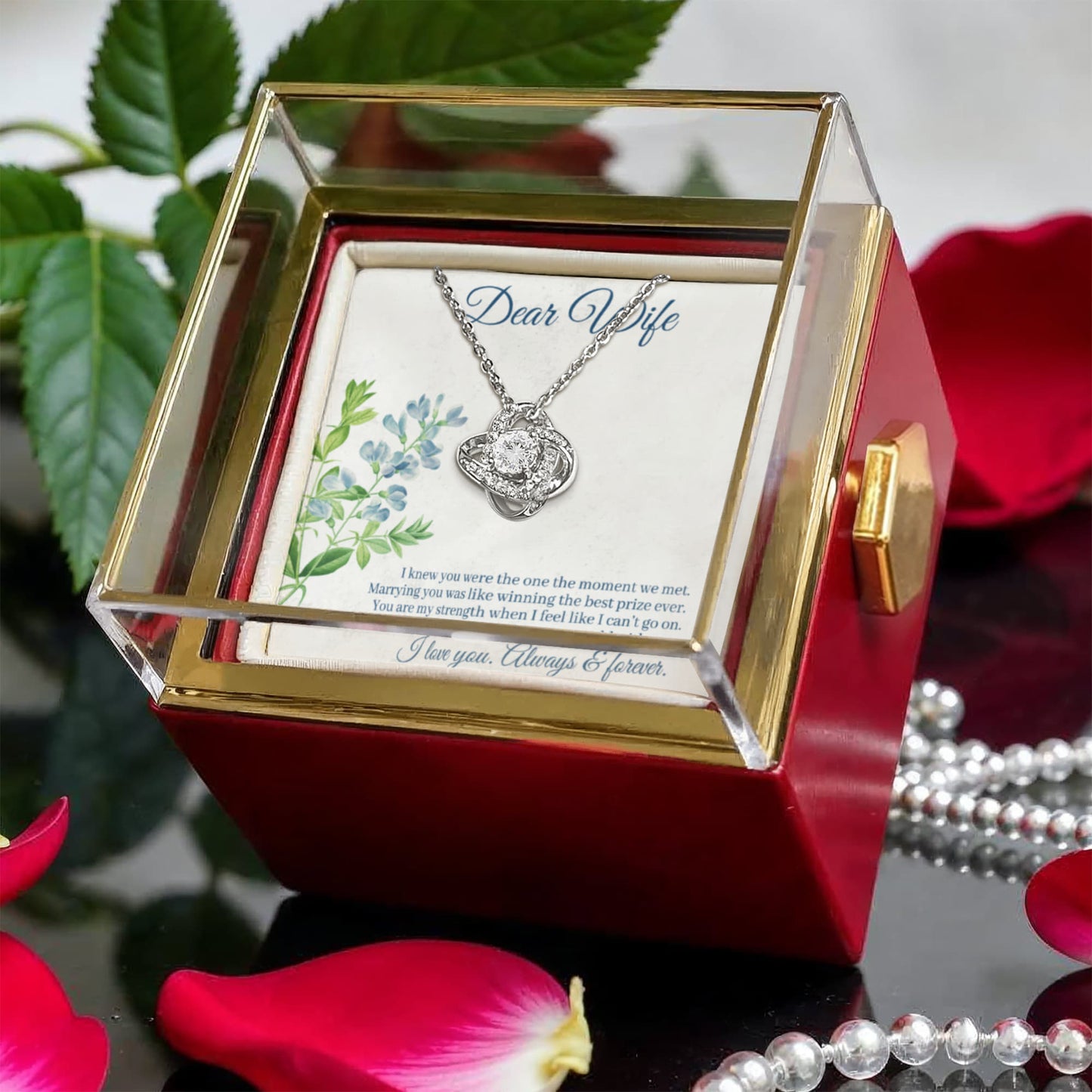 Love Knot Necklace for Wife with Rotating Unique Rose Gift Box