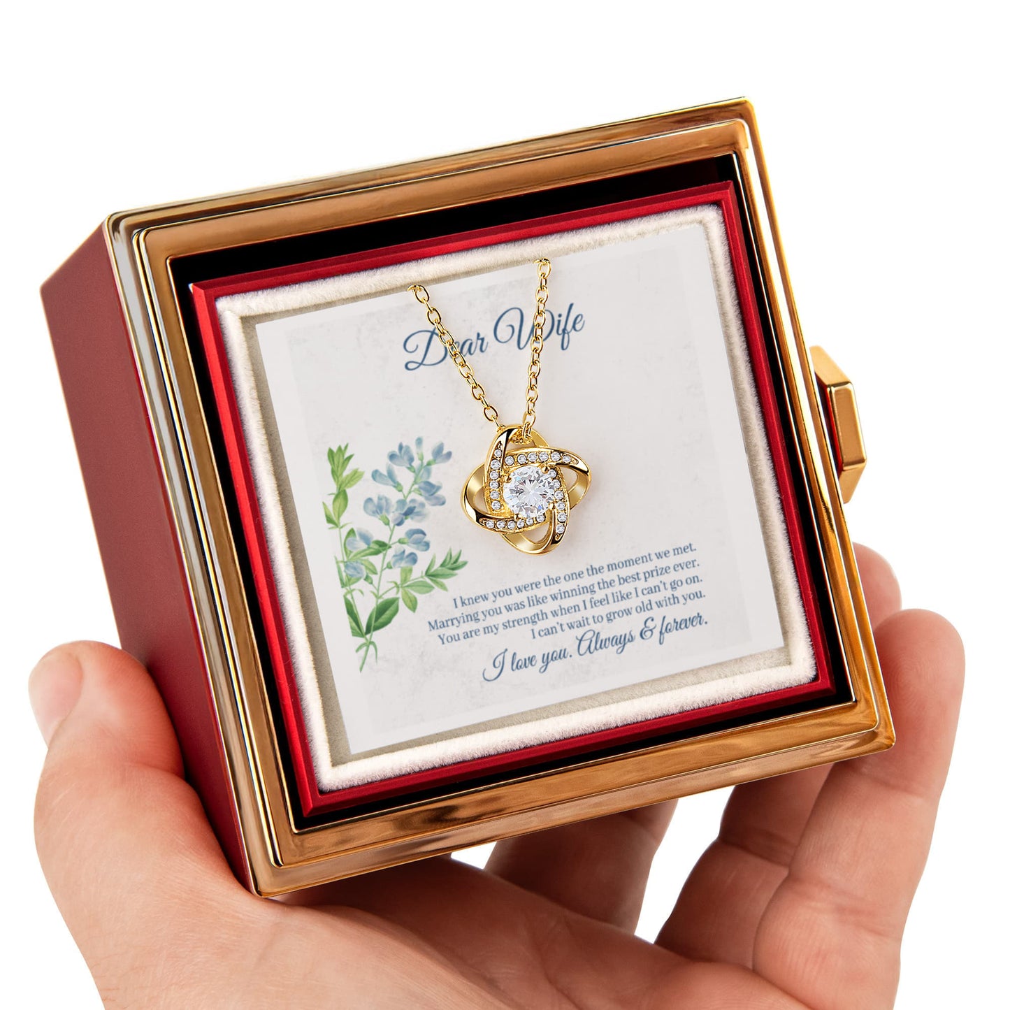 Love Knot Necklace for Wife with Rotating Unique Rose Gift Box