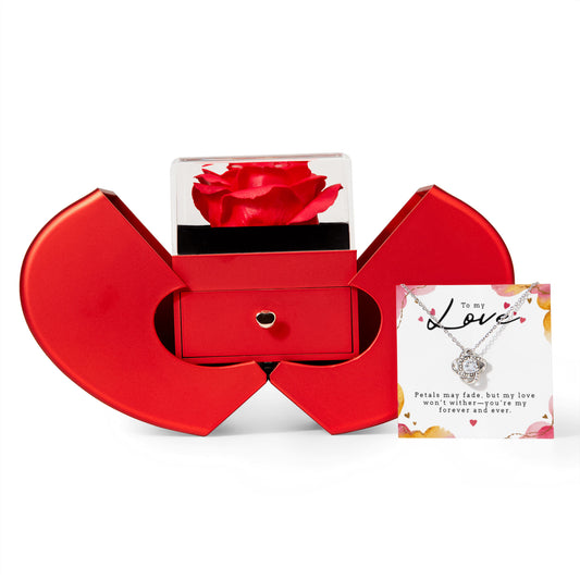 Love Knot Necklace with Red Heart Rose Box – Romantic Gift for Wife on Anniversary, Birthday, or Valentine's Day
